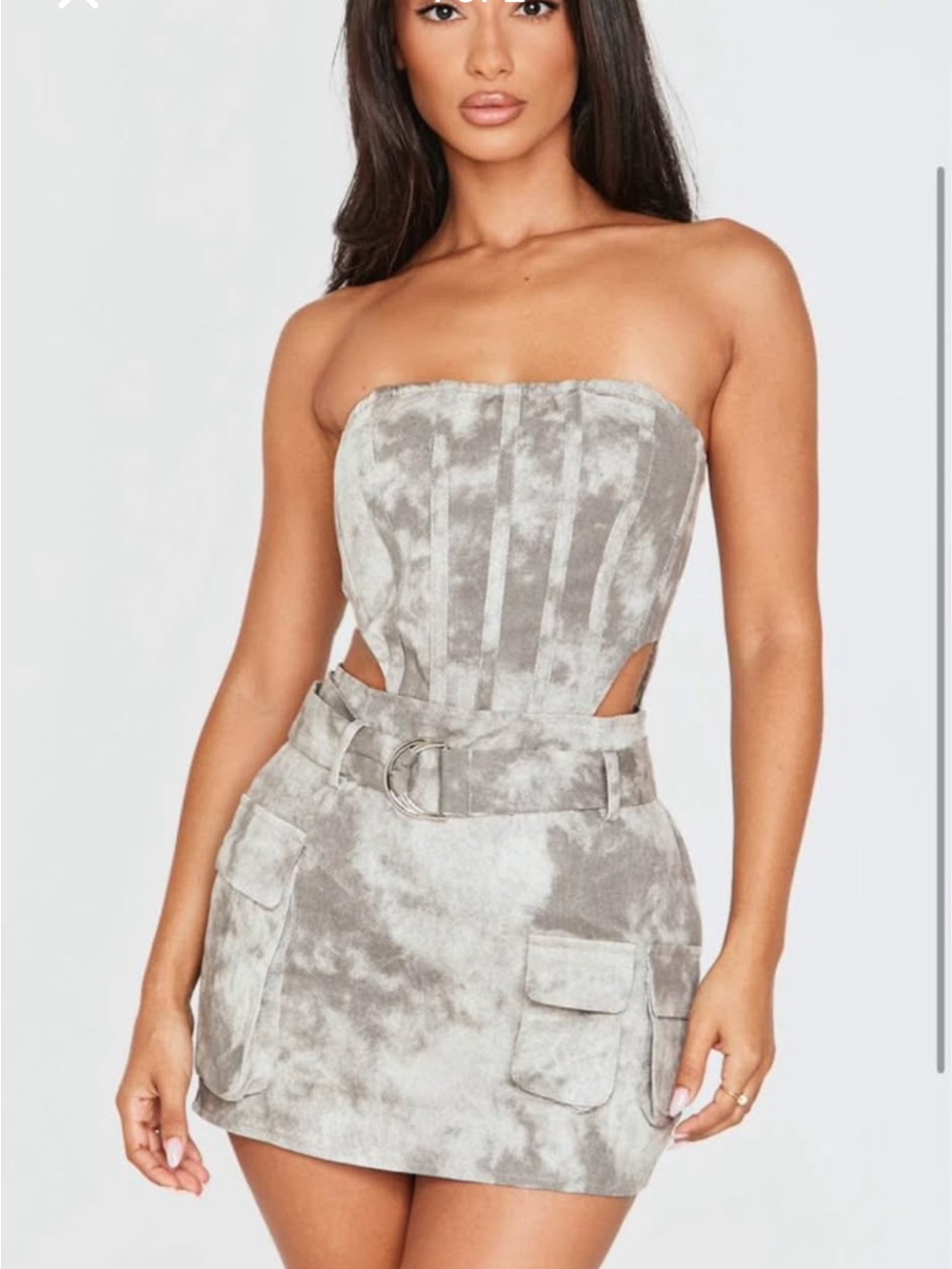 Prettylittlething Strapless Gray Suede Corset Mini Dress with Belt